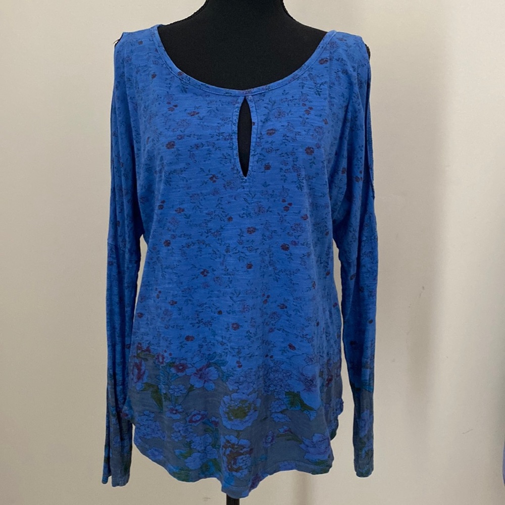 Lucky Brand Womens Royal Blue 100% Cotton Slub Keyhole Cold Shoulder Top Small